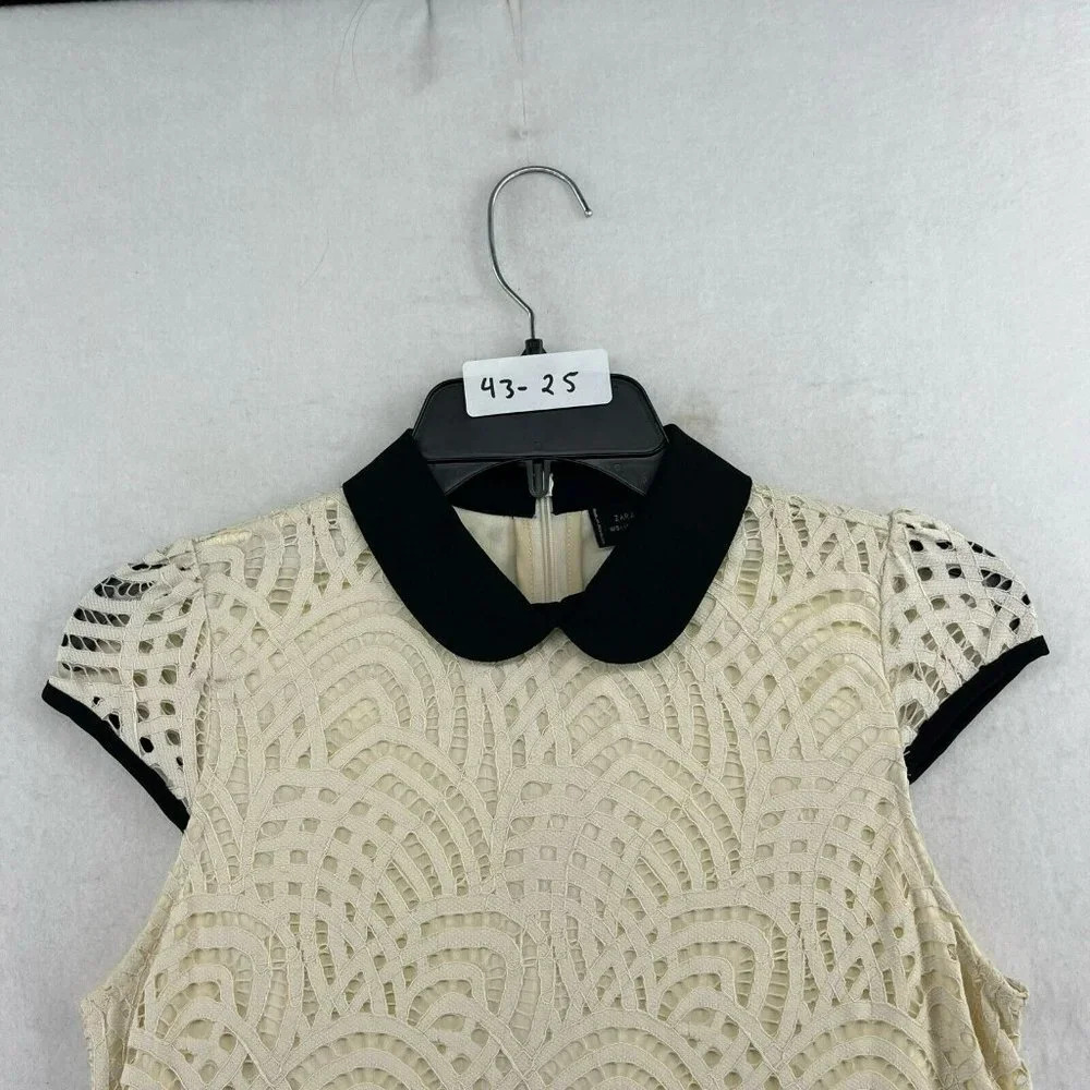 Zara Shift Dress Sz Small Beige Black Collar Short Sleeve High Neck Lace Lined - Picture 14 of 14